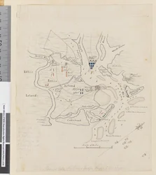 ページ37b 1780年3月11日、チャールズタウンと国王軍の地図（鉛筆、ペン、インク）